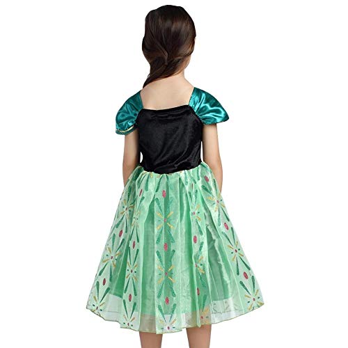 IWEMEK Disfraz de Princesa Anna Vestido con Accesorios Frozen Niñas Reina de Hielo Cosplay Carnaval Traje Halloween Navidad Ceremonia Cumpleaños Fiesta Theme Fancy Dress Costume Verde Set 3-4 Años