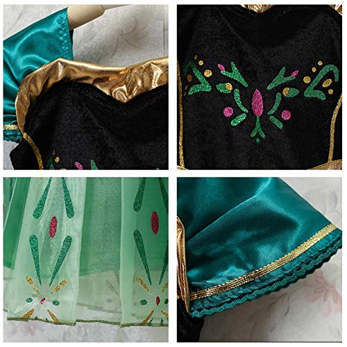 IWEMEK Disfraz de Princesa Anna Vestido con Accesorios Frozen Niñas Reina de Hielo Cosplay Carnaval Traje Halloween Navidad Ceremonia Cumpleaños Fiesta Theme Fancy Dress Costume Verde Set 3-4 Años