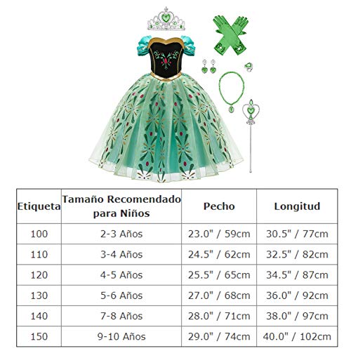 IWEMEK Disfraz de Princesa Anna Vestido con Accesorios Frozen Niñas Reina de Hielo Cosplay Carnaval Traje Halloween Navidad Ceremonia Cumpleaños Fiesta Theme Fancy Dress Costume Verde Set 3-4 Años