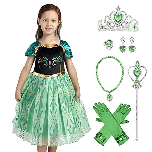 IWEMEK Disfraz de Princesa Anna Vestido con Accesorios Frozen Niñas Reina de Hielo Cosplay Carnaval Traje Halloween Navidad Ceremonia Cumpleaños Fiesta Theme Fancy Dress Costume Verde Set 3-4 Años