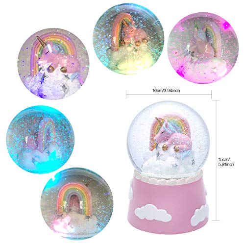 J JHOUSELIFESTYLE Globos de nieve musicales de unicornio para niñas, unicornio durmiendo y arco iris girando en el interior como reproducción de música, caja de música de unicornio