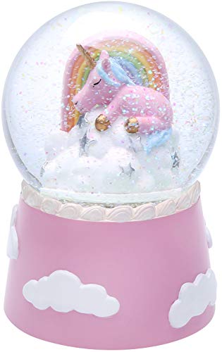 J JHOUSELIFESTYLE Globos de nieve musicales de unicornio para niñas, unicornio durmiendo y arco iris girando en el interior como reproducción de música, caja de música de unicornio