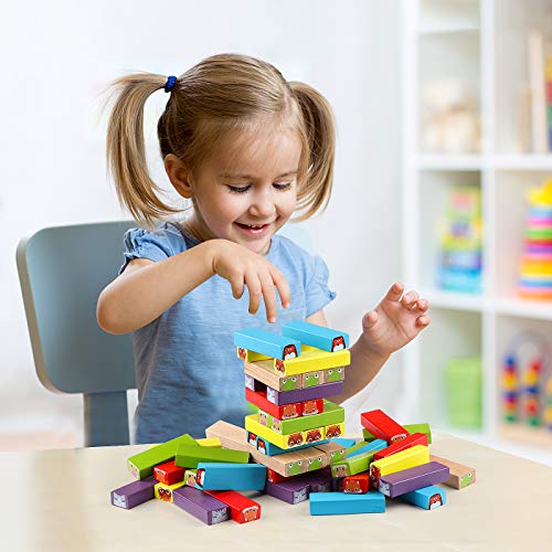 Jacootoys Juguete de Torre de Bloques de Madera Animales 3 en 1, 54 Piezas Juego de Mesa Educativo para Niños Niñas