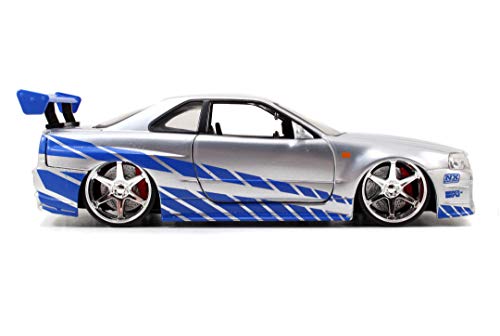 Jada - Fast & Furious Coche Nissan Skyline GT-R R34 2002, Escala 1:24, Hecho en Metal, Neumáticos de Goma, Las Puertas, Capó y Maletero se Abren, Coleccionismo