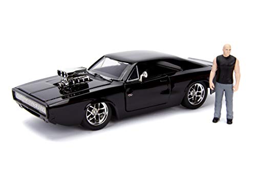 Jada Toys 253203016 Fast & Furious Dom's 1970 Dodge Charger R/T, Build+Collect, Kit de construcción, Coche, Tuning, Escala 1:24, Incluye Figura Dominic Toretto, Color Negro