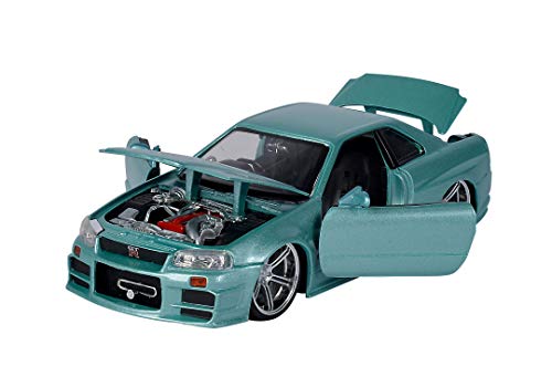 Jada Toys 253203066 Fast & Furious Brian 's Nissan Skyline, 2002, GTR (R34), Puerta abatible, Maletero y capó, Coche de Juguete, Escala 1:24, Color Plateado