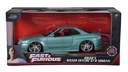 Jada Toys 253203066 Fast & Furious Brian 's Nissan Skyline, 2002, GTR (R34), Puerta abatible, Maletero y capó, Coche de Juguete, Escala 1:24, Color Plateado