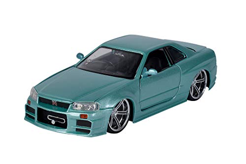 Jada Toys 253203066 Fast & Furious Brian 's Nissan Skyline, 2002, GTR (R34), Puerta abatible, Maletero y capó, Coche de Juguete, Escala 1:24, Color Plateado