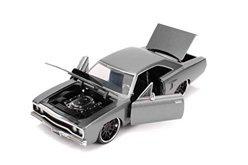 Jada Toys Fast & Furious Dom's 1970 Plymouth Road Runner - Coche a Escala 1:24 con Apertura de Puertas, capó y Maletero, Rueda Libre, Color Gris