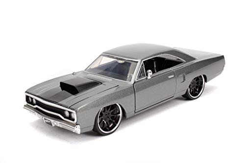 Jada Toys Fast & Furious Dom's 1970 Plymouth Road Runner - Coche a Escala 1:24 con Apertura de Puertas, capó y Maletero, Rueda Libre, Color Gris