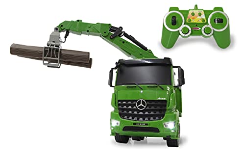 Jamara- Camión Mercedes-Benz Arocs 1:20 2,4 GHz – 4 WD, grúa controlable Mediante transmisor, Sonidos realistas desconectables, luz Intermitente, Incluye Troncos de Madera, Color Verde (404935)