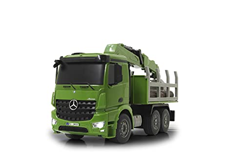 Jamara- Camión Mercedes-Benz Arocs 1:20 2,4 GHz – 4 WD, grúa controlable Mediante transmisor, Sonidos realistas desconectables, luz Intermitente, Incluye Troncos de Madera, Color Verde (404935)