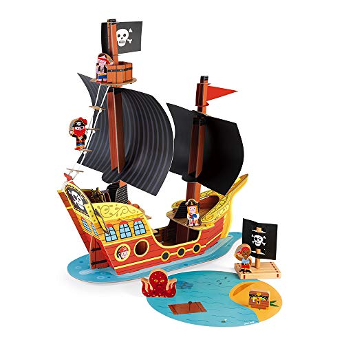 Janod - Barco Pirata Story - 7 Figuritas de Madera - Juguete de Imaginación - Piratas y Tesoros - A partir de 3 Años, J08579