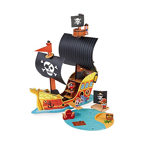 Janod - Barco Pirata Story - 7 Figuritas de Madera - Juguete de Imaginación - Piratas y Tesoros - A partir de 3 Años, J08579