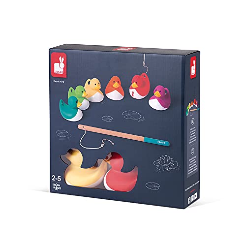 Janod - Juego de Pesca - Patos Ducky Multicolor - 6 Patos + 2 Cañas de Pescar Para Llevar a Todas Partes - Para Jugar En El Baño y En Exteriores - A Partir de 2 Años - J03246