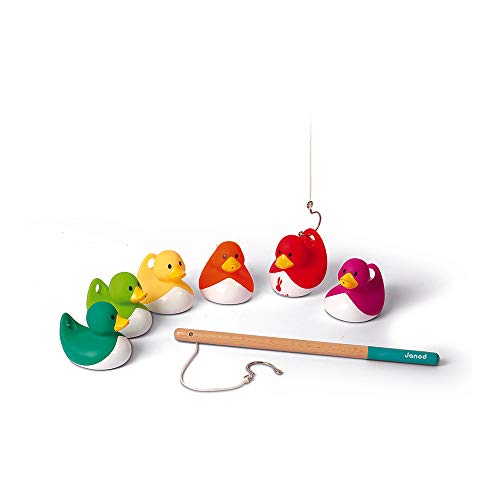 Janod - Juego de Pesca - Patos Ducky Multicolor - 6 Patos + 2 Cañas de Pescar Para Llevar a Todas Partes - Para Jugar En El Baño y En Exteriores - A Partir de 2 Años - J03246