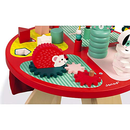 Janod - Mesa de actividades Baby Forest- Hecho en madera, Juguete que despierta los sentidos, Laberinto, ábaco, engranaje y 3 animales de madera, Desde 1 año, J08018