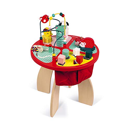 Janod - Mesa de actividades Baby Forest- Hecho en madera, Juguete que despierta los sentidos, Laberinto, ábaco, engranaje y 3 animales de madera, Desde 1 año, J08018