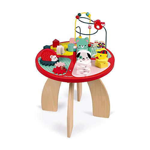 Janod - Mesa de actividades Baby Forest- Hecho en madera, Juguete que despierta los sentidos, Laberinto, ábaco, engranaje y 3 animales de madera, Desde 1 año, J08018