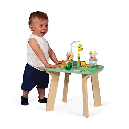 Janod - Mesa de actividades Jolie Prairie - 7 actividades para la primera edad - Mesa de madera multijugador con el tema de la granja - Desarrollo de la motricidad fina - A partir de 12 meses, J05327