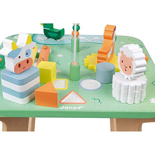 Janod - Mesa de actividades Jolie Prairie - 7 actividades para la primera edad - Mesa de madera multijugador con el tema de la granja - Desarrollo de la motricidad fina - A partir de 12 meses, J05327