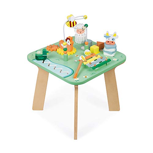 Janod - Mesa de actividades Jolie Prairie - 7 actividades para la primera edad - Mesa de madera multijugador con el tema de la granja - Desarrollo de la motricidad fina - A partir de 12 meses, J05327