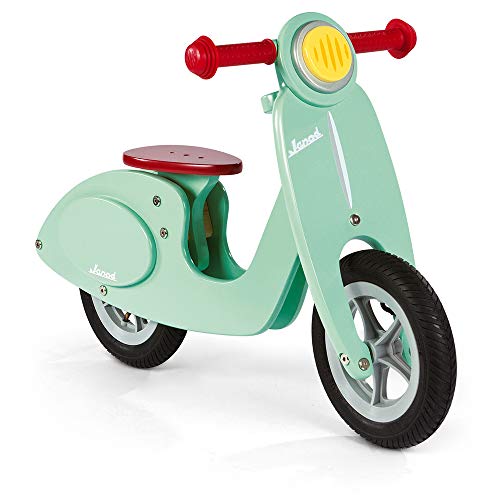 Janod - Motocicleta sin pedales de madera Mint- Vintage con aspecto retro - Aprendiendo Balance y Autonomía - Sillín ajustable, Neumáticos inflables - Color verde menta - Desde 3 años, J03243