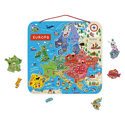 Janod - Puzle Mapa de Europa Magnético de Madera - 40 Piezas Imantadas - 45 X 45 Cm - Versión En Español - Juego Educativo A partir de 7 Años, J05474