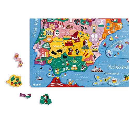 Janod - Puzzle magnético Mapa de España en madera, 50 piezas magnéticas, 40 x 30 cm, Juego educativo a partir de 5 años, J05478