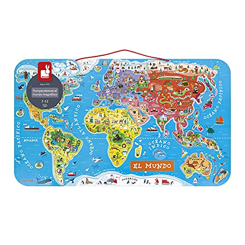 Janod - Puzzle magnético Mapa del Mundo en madera- 92 piezas magnéticas - 70 x 43 cm - Versión Española - Juego educativo a partir de 7 años, J05503