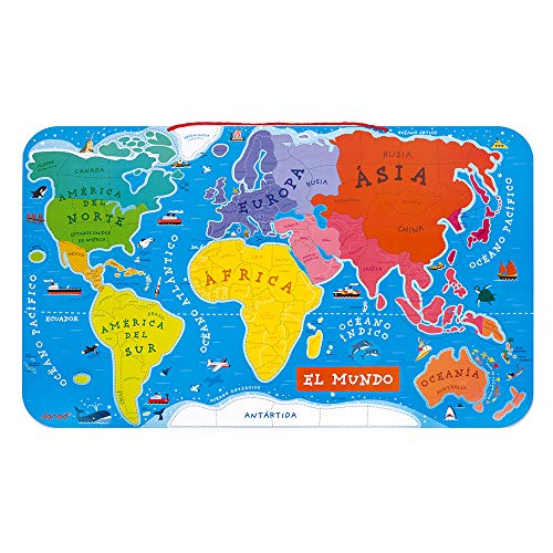 Janod - Puzzle magnético Mapa del Mundo en madera- 92 piezas magnéticas - 70 x 43 cm - Versión Española - Juego educativo a partir de 7 años, J05503