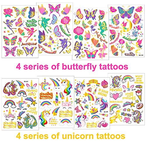 Jatidne Tatuajes Temporales Niños Purpurina Mariposa Tatuajes Niños Purpurina Unicornios Tatuajes Niñas Calcamonias para Niños Tatuajes Artículos para Cumpleaños 8 Hojas（Mariposa & Unicornios）