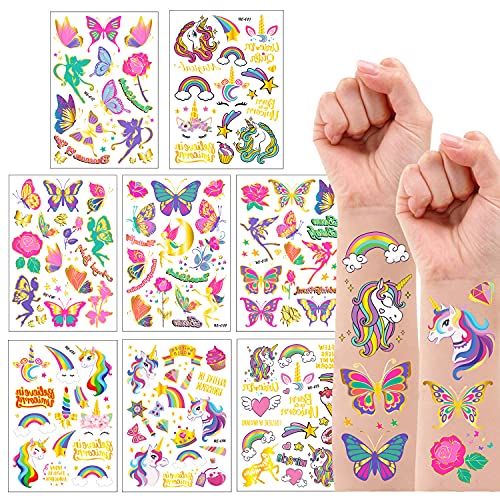 Jatidne Tatuajes Temporales Niños Purpurina Mariposa Tatuajes Niños Purpurina Unicornios Tatuajes Niñas Calcamonias para Niños Tatuajes Artículos para Cumpleaños 8 Hojas（Mariposa & Unicornios）