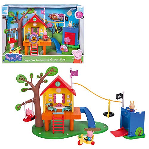 Jazwares PEP0604 – Casa del árbol de Peppa Pig y castillo de Schorsch's como juego de castillo de juguete y castillo con 3 figuras y accesorios, casa de juguete con luz y sonido