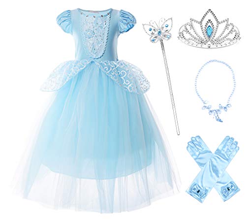 JerrisApparel Niña Princesa Cenicienta Disfraz Manga de Soplo Fiesta Vestido (3 años, Azul con Accesorios)