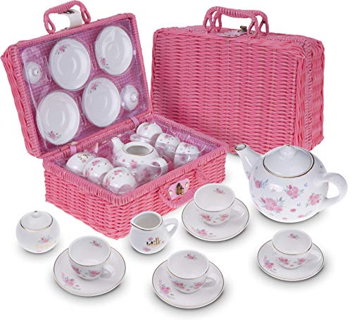 Jewelkeeper - Juego de té para niños con Cesta de Picnic Rosa, Servicio de té Juguete de Porcelana, vajilla Infantil de 13 Piezas - Diseño de Flores