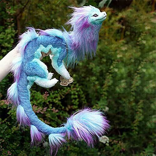 JIJK Juguete de peluche de dragón – El último dragón de peluche – Adornos de pelo largo de boca larga – Decoración de muñeca de dragón azul y morado para sofá cama regalos de cumpleaños para niños