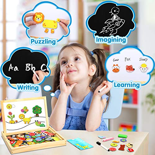 Jojoin 110 pcs Puzzles de Madera Magnética, Juguete Madera con Pizarra Magnética para Dibujo de Doble Cara, Juguete Educativo de Rompecabezas y Dibujo para NIños de 3 4 5 Años (Animales en Bosque)