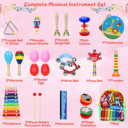 Jojoin 24 Pcs Juguetes Instrumentos Musicales, 14 Tipos de Juguetes de Instrumentos, Instrumentos Musicales Madera, Educativo Bebés, Juguete y Regalos para Niños de Navidad y Cumpleaños etc