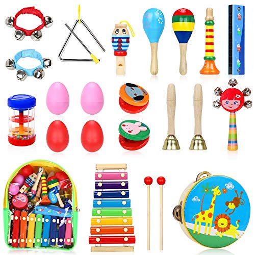 Jojoin 24 Pcs Juguetes Instrumentos Musicales, 14 Tipos de Juguetes de Instrumentos, Instrumentos Musicales Madera, Educativo Bebés, Juguete y Regalos para Niños de Navidad y Cumpleaños etc