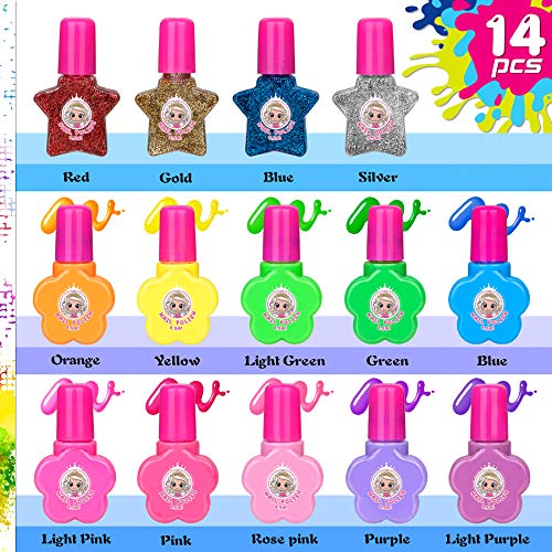 Jojoin 27 Pcs Set de Esmalte de Uña Infantil, Pintauña para Niña, Maquillaje Niña, Conjunto de 14 Esmaltes de Color Permanente (4 Colores Brillantes) y Más Accesorios, Regalo para Navidad/Cumpleaños