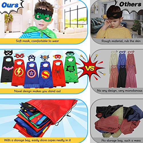 Jojoin 6 Pcs Capas de Superhéroe para Niños, Disfraces de Superhéroe para Niños, Kit de Cosplay para Niños con 6 Máscaras y 6 Pulseras y 1 Bolsa, Juguetes Regalos para Cumpleaños, Navidad o Carnaval