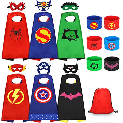 Jojoin 6 Pcs Capas de Superhéroe para Niños, Disfraces de Superhéroe para Niños, Kit de Cosplay para Niños con 6 Máscaras y 6 Pulseras y 1 Bolsa, Juguetes Regalos para Cumpleaños, Navidad o Carnaval