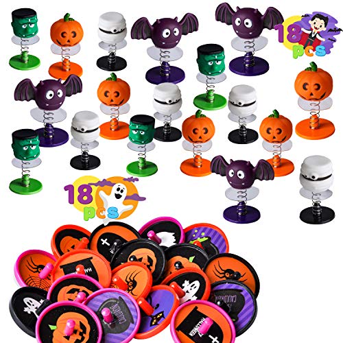 JOYIN 108 Pcs Juguetes de Halloween Regalos para Niños, Paquete de 18 Bolsas de Regalos, Juguetes de Manos, Poppers, Mini Patineta, Trompos Giratorios y Juguetes de Resorte para Niños