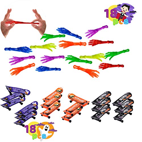 JOYIN 108 Pcs Juguetes de Halloween Regalos para Niños, Paquete de 18 Bolsas de Regalos, Juguetes de Manos, Poppers, Mini Patineta, Trompos Giratorios y Juguetes de Resorte para Niños