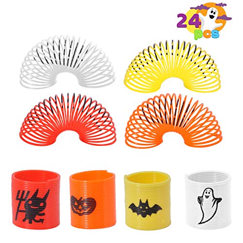 JOYIN 120 Pcs Juguetes de Halloween Regalo para Niños, Paquete de 24 Mini Cubos de Calabaza Precargados de Anillos de Araña, Poppers, Juguetes de Resorte, Dientes de Vampiro y Trompos para niños