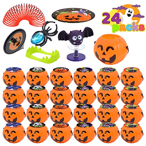 JOYIN 120 Pcs Juguetes de Halloween Regalo para Niños, Paquete de 24 Mini Cubos de Calabaza Precargados de Anillos de Araña, Poppers, Juguetes de Resorte, Dientes de Vampiro y Trompos para niños