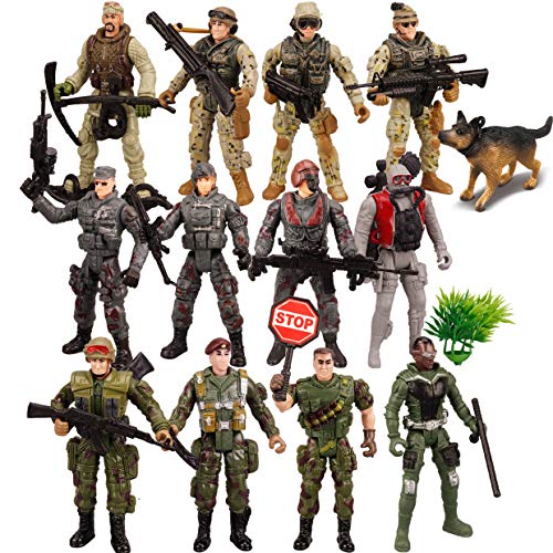 JOYIN Juego de 16 piezas de soldados de juguete militar, figuras de hombres del ejército con 12 figuras de acción realistas de guardabosques del ejército y accesorios de equipo de armas