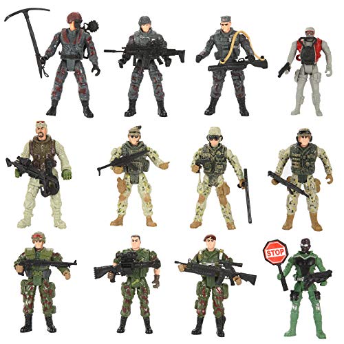 JOYIN Juego de 16 piezas de soldados de juguete militar, figuras de hombres del ejército con 12 figuras de acción realistas de guardabosques del ejército y accesorios de equipo de armas