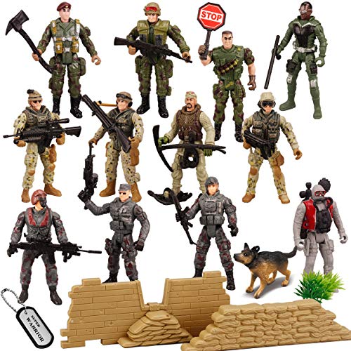 JOYIN Juego de 16 piezas de soldados de juguete militar, figuras de hombres del ejército con 12 figuras de acción realistas de guardabosques del ejército y accesorios de equipo de armas